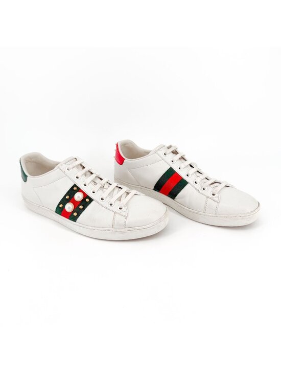 Gucci Shoes - Gucci Pearl-Embellished Ace Sneakers White Leather Size 38.5 US 8.5 Women's